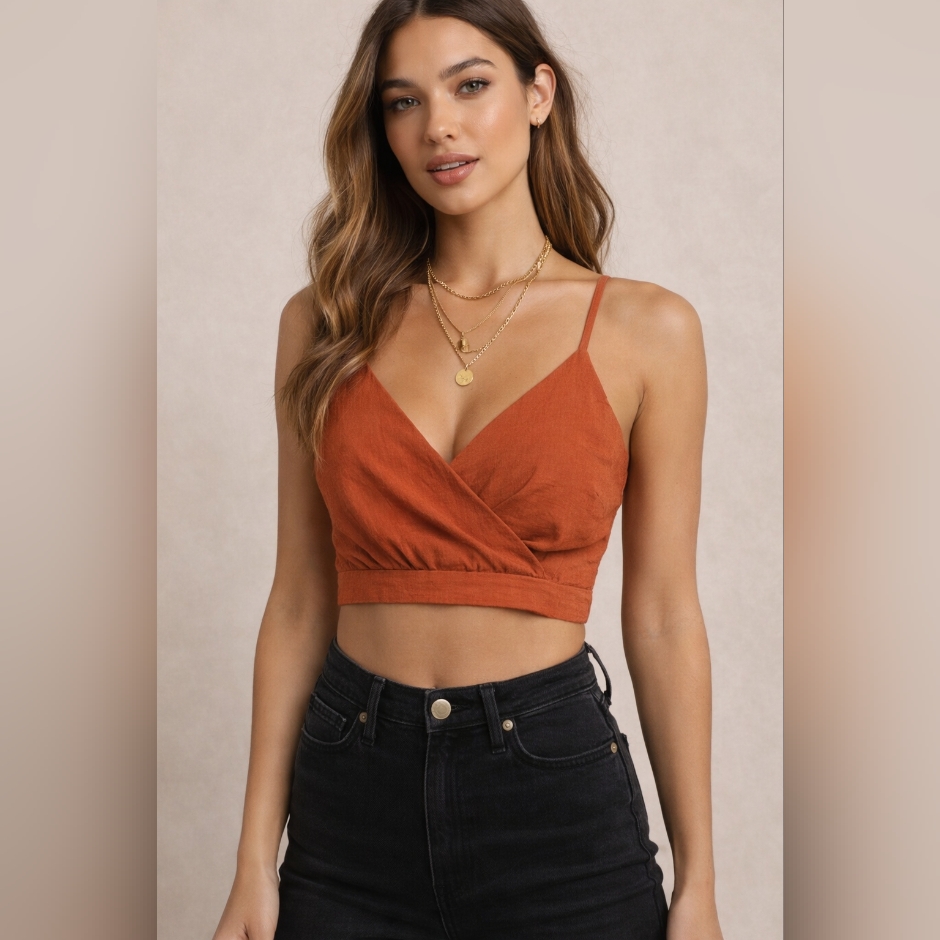 Rust Orange Crop Top Spaghetti Strap Wrap Bust Zip Back Bralette